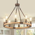 Farmhouse Wagon Wheel Chandelier 23.6" Wooden Rustic Light Fixtures 8-Light Wood Round Chandelier for Dining Room Kitchen Entryway Foyer