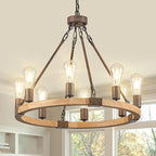 Farmhouse Wagon Wheel Chandelier 23.6" Wooden Rustic Light Fixtures 8-Light Wood Round Chandelier for Dining Room Kitchen Entryway Foyer
