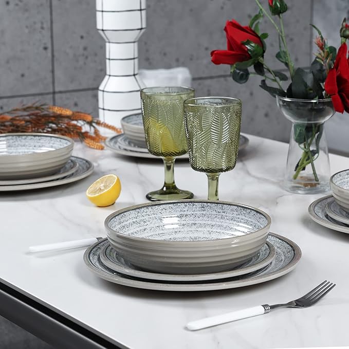 Melamine Dinnerware Sets 12 PCS - Service for 4 Plates & Bowls Sets Dishwasher Top-Shelf Safe, BPA Free Dinner Dishes Set for Everyday Use-Granite Pattern Gray