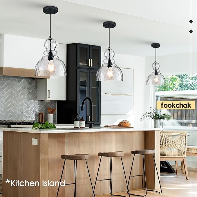 Hammered Glass Pendant Light for Kitchen Island Black Pendant Hanging Light 10inch Large Glass Pendant Lights for Kitchen Sink Dining Room Hallway Entrance, 10in, E26