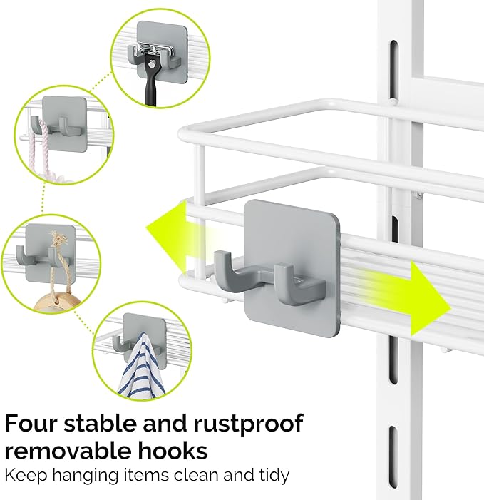 Orimade Over The Door Shower Caddy Adjustable 3 Tier White,Bathroom Hanging Organizer Shelf Rustproof with 4 Hooks,Shower Basket with Soap Holder and Suction Cup