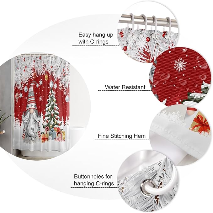 Vandarllin Christmas Gnome Shower Curtain, Winter Merry Christmas Tree Balls Shower Curtains Set with Hooks, Red Waterproof Fabric Bathroom Curtains Decor Home Accessories,72X 96 Inch Extra Long