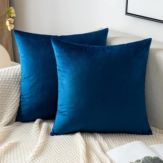 EMEMA Pack of 2 Velvet Throw Pillow Covers Decorative Square Pillowcase Soft Solid Cushion Case for Sofa Bedroom Chair Car 18x18 Inch Dark Blue