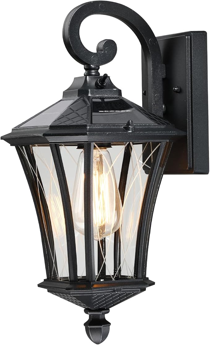 YSN 16" Solar Wall Lights Outdoor, Dusk to Dawn Exterior Lighting Fixtures, Black Solar Porch Lights Outdoor Sconce Lights, Waterproof Outside Light for House Porch Garage Yard, 1 Pack