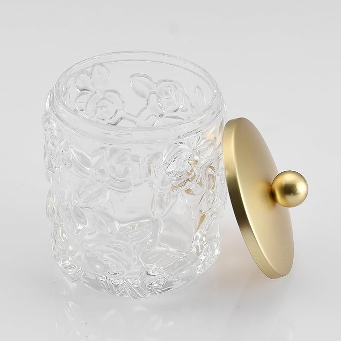 Home Glass Cotton Jar Holder Matte Gold Lid, Elegant Bathroom Storage Canister for Qtips, Cotton Balls, Floss, Makeup Organizer, Vanity Bathroom Organization
