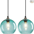 Light Blue Glass Pendant Lights Kitchen Island Lighting Globe Pendant Light Fixtures Modern Pendant Lighting for Bedroom Living Dining Room Light Fixture (7.87 in, 2 Pack)
