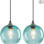 Light Blue Glass Pendant Lights Kitchen Island Lighting Globe Pendant Light Fixtures Modern Pendant Lighting for Bedroom Living Dining Room Light Fixture (7.87 in, 2 Pack)