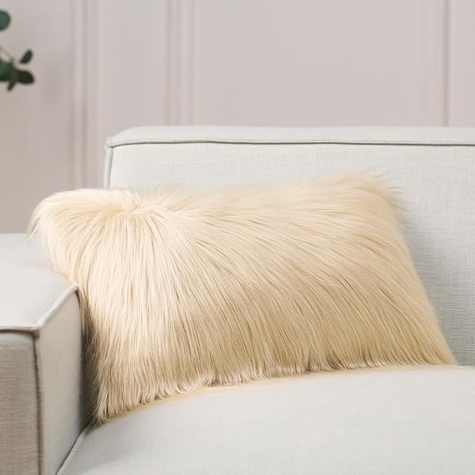 Phantoscope Faux Fur Pillow Cover Decorative Fluffy Throw Pillow Mongolian Luxury Fuzzy Pillow Case Cushion Cover for Bedroom and Couch, Light Beige 12 x 20 Inches