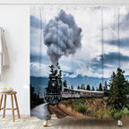 Retro Steam Train Theme Bathroom Bathtubs Fabric Shower Curtains Railroad Mountain Shower Curtain Set with 12 Hooks 72 x 72 inches Polyester Machine Washable, Black Green and White