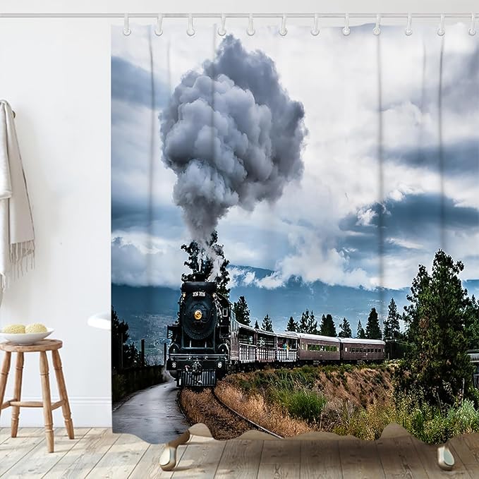 Retro Steam Train Theme Bathroom Bathtubs Fabric Shower Curtains Railroad Mountain Shower Curtain Set with 12 Hooks 72 x 72 inches Polyester Machine Washable, Black Green and White