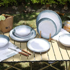 Melamine Dinnerware Sets-12 Pieces Outdoor Plates and Bowls Set for 4, Durable Dinner Plates for Camping Picnics Party, Chip Resistant Dishes, Grey Blue, Dishwasher Safe