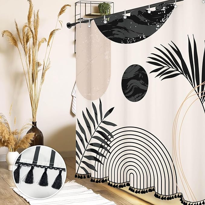 Boho Mid Century Leaf Shower Curtain Set,Arch Sun Design,Minimalistic Leaves Pattern,Waterproof and Luxurious Fabric-12 Hooks(Black and White-72" x 84")