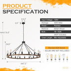 Farmhouse Wagon Wheel Chandelier 47" Black Rustic Light Fixtures 18-Light Wood Round Chandelier for Foyer Living Room Entryway Dining Room