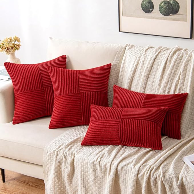 MIULEE Christmas Red Corduroy Pillow Covers Pack of 2 Boho Decorative Spliced Throw Pillow Covers Soft Solid Couch Pillowcases Cross Patchwork Cushion Covers for Living Room Bed Sofa 16x16 inch