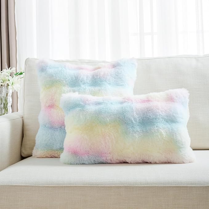 FUTEI Rainbow Decorative Throw Pillow Covers 20x20 Inch Set of 2,Soft Fuzzy Faux Rabbit Fur Cushion Covers with Raised Texture,Neutral Boho Home Decor for Couch Bed Living Room