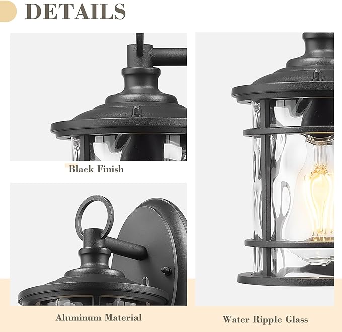 Emliviar 2 Pack Exterior Wall Sconce Light, Anti-Rust Outdoor Lanterns Wall Lamps, Farmhouse Patio Lightings with E26 Socket & Water Ripple Glass, Black Finish, XE229BS-2PK BK-WG