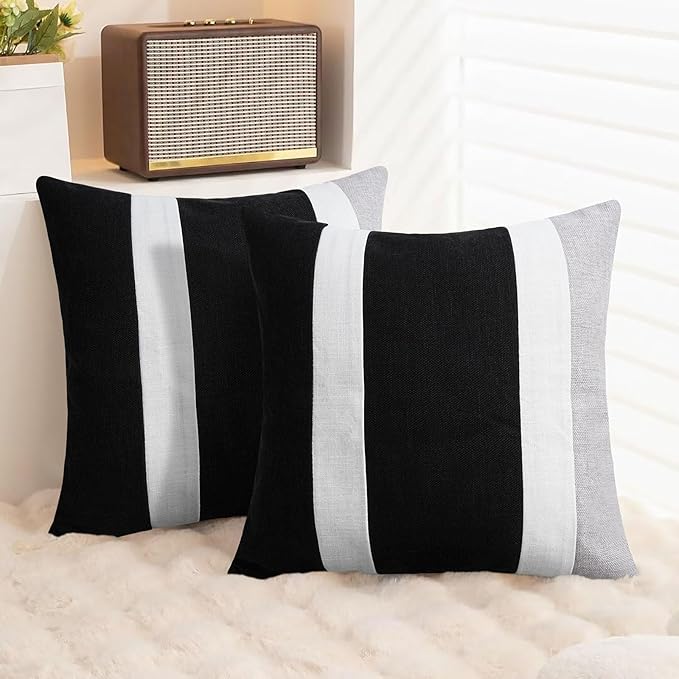 Adabana Modern Pillow Covers 18x18 Set of 2 Farmhouse Decor Patchwork Linen Cushion Covers for Living Room Couch Bed Black and White