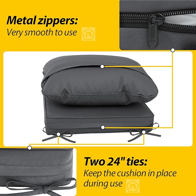 AAAAAcessories Outdoor Deep Seat Cushions, Waterproof, Fade-Resistant Patio Furniture Replacement Cushions, Set of 2, 24" x 24" x 5", Dark Gray