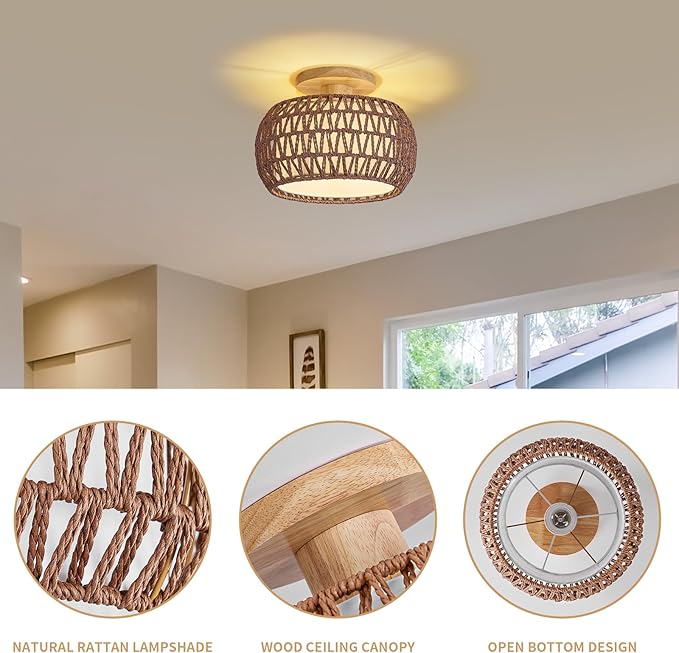 Boho Rattan Ceiling Light Fixture - 3 Style Options Wicker Semi Flush Mount Ceiling Lights,Brown Coastal Light Fixtures,Bohemian Woven Basket Chandelier for Hallway Bedroom Nursery Kitchen Laundry
