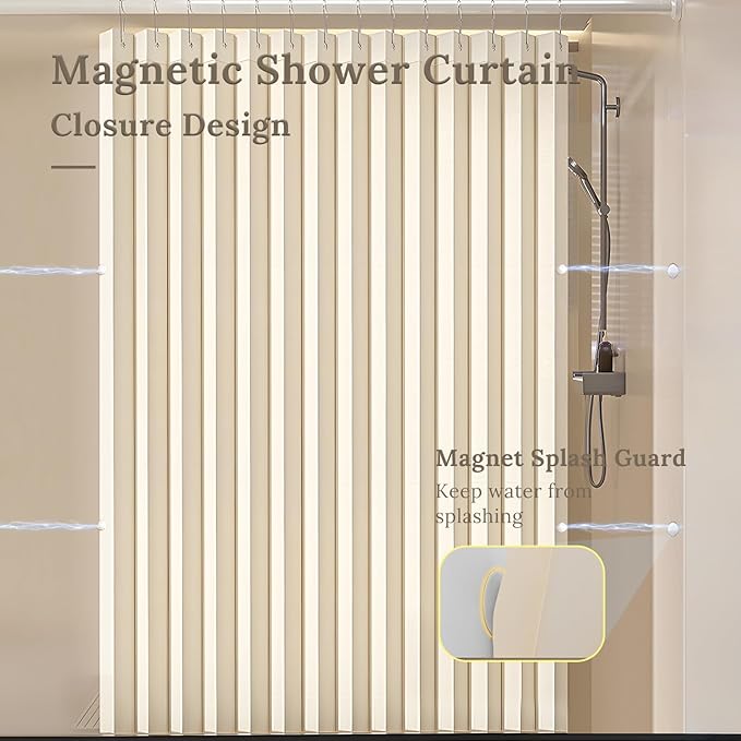 South to East Waterproof Shower Curtain, Heavy Duty Magnetic Folding Linen Shower Curtain, Non-Toxic, 72x72 Magnetic Fabric Bathroom Curtain Sets, Beige