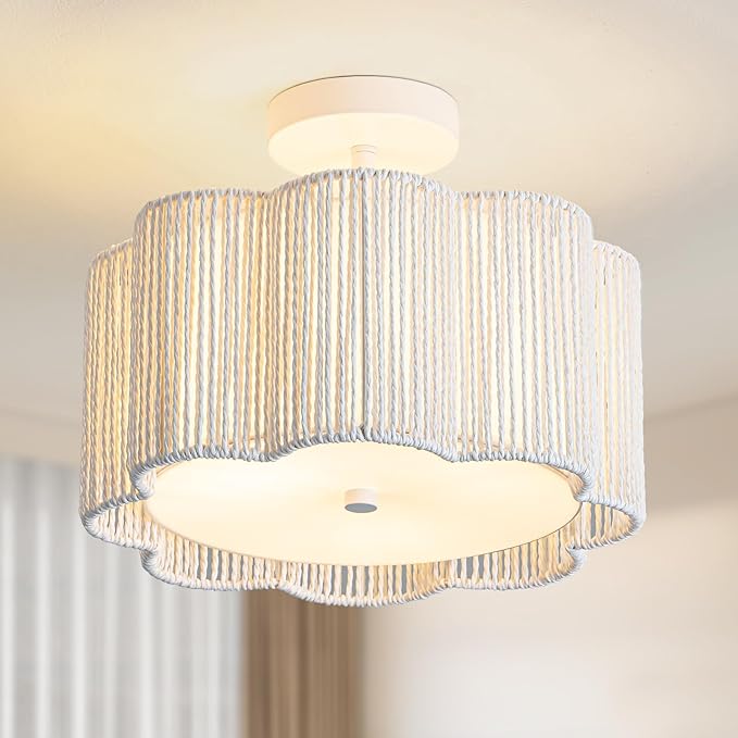 3-Light Woven Snow Plum Blossom Ceiling Light - Boho Handwoven Rattan Bedroom Fixture, 13-14 Inch Natural Fiber Flush Mount for Nursery
