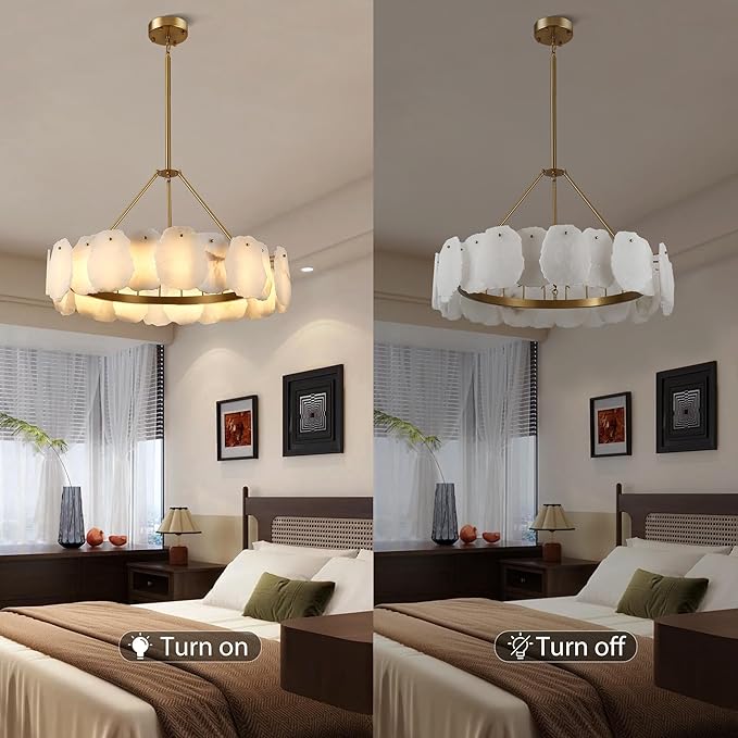 Round Alabaster Chandelier, 32in Spanish Marble Chandeliers for Dining Room, Alabaster Modern Chandeliers for Living Room, Adjustable Gold Chandelier for Bedroom, Bathroom, Kitchen, Foyer, Entryway