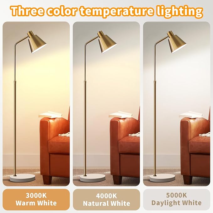Gold Brass Industrial Floor Lamps with Bright 12W LED Bulb Adjustable 3 Colors, Living Room Sofa Corner Bedroom Bedside Office Study Reading Standing Tall Lights, Unique Modern Home Decor Essentials