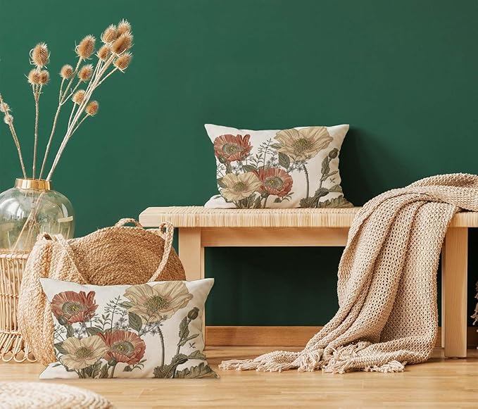 TSSOHU Vintage Flower Throw Pillow Covers 12x20 Brown Rust Colored Floral Botanical Pattern Decorative Pillows Outdoor Linen Farmhouse Cushion Case Country Pillowcase for Sofa Bed Room Decor Set of 2