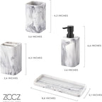 ZCCZ Bathroom Accessory Sets, 4 Pieces Bathroom Accessories Complete Set Vanity Countertop Accessory Set with Marble Look, Includes Lotion Dispenser Soap Pump, Tumbler, Toothbrush Holder and Tray
