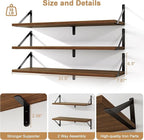 Fun Memories Floating Shelves, 32 x 8 Inches, Set of 3 Wall-Mounted Bookshelves with Metal Brackets, Decorative Storage for Home and Office (Walnut)