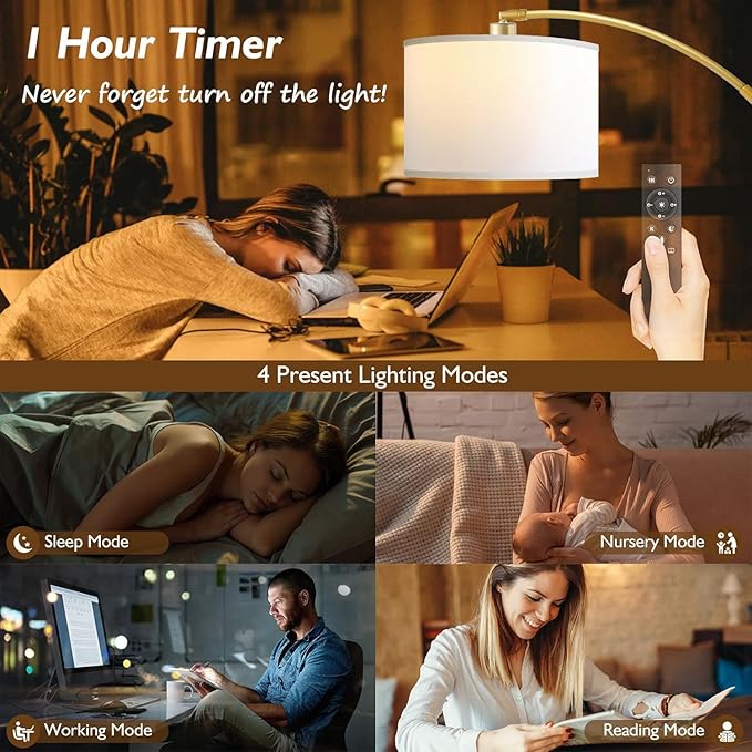 Arc Floor Lamps for Living Room, Modern Remote Control Standing FLamp with Stepless Dimmable, Gold Tall Lamp with White Drum Shade,Over Couch Arched Reading Light for Bedroom, Office(Bulb Included)