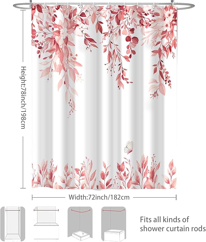 Eucalyptus Shower Curtain, Pink Watercolor Leaves with Floral Botanical Bathroom Decor, Waterproof Fabric Bath Curtain Set with Hooks, 72x78 Inches
