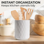 MIAMIO – Kitchen Utensil Holder Ceramic/Kitchen Organizer Set, Farmhouse Decor for Organizing Countertop and Storing Cutlery, Cooking Spoons, and Accessories - Palmanova Collection (White)