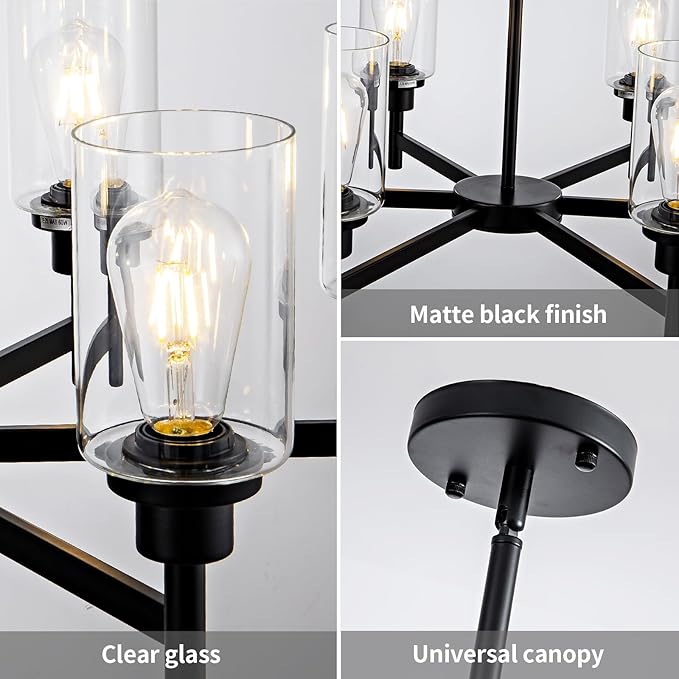 6 Light Farmhouse Chandelier Black Dining Room Light Fixture Over Table Industrial Hanging Pendant Lighting for Living Room Foyer Kitchen Island Adjustable Height E26 Socket with Glass Shade