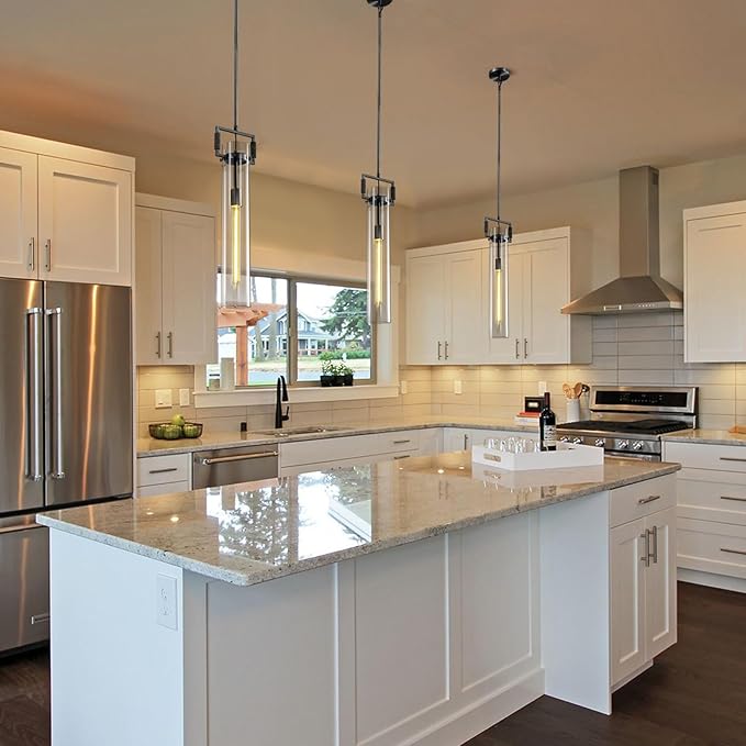 Modern Black Pendant Lights Set of 2, 21.6'' kitchen pendant lighting over island, Indoor Adjustable Height Glass Pendant Light Fixtures, Large Pendant Lights Kitchen Island, E12 Bulb Included