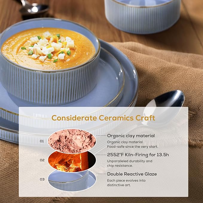 Romswi Dinnerware Set for 4, 16Pcs Stoneware Plates and Bowls Sets with Mugs, Chip & Scratch Resistant Dish Set, Handmade Reactive Glaze Plate Set, Oven, Microwave and Dishwasher Safe, Gray Blue