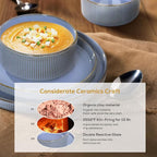 Romswi Ceramic 18Pcs Dinnerware Sets,Stoneware Plates and Bowls Set for 6, Chip & Scratch Resistant Ribbed Dish Set, Handmade Reactive Glaze, Oven, Microwave & Dishwasher Safe, Gray Blue