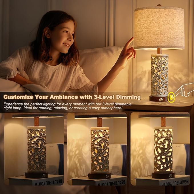22" Dual Light Table Lamps Set of 2 for Living Room, Touch Lamp with 3-Level Dimming, USB A+C Table Lamp for Bedroom, Farmhouse Lamps for Night Stands(Brown, Bulb Included)
