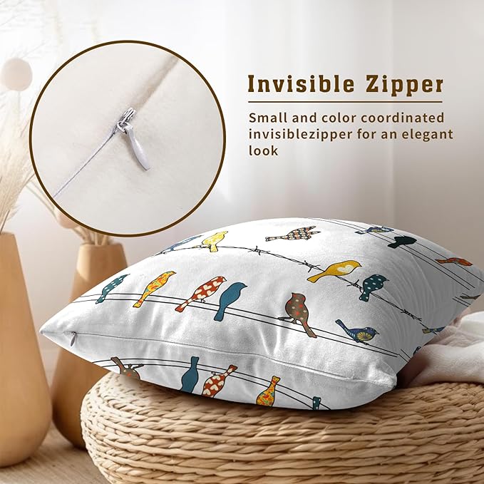 Rowley Bird Throw Pillow Cover 22x22 Inches Summer Spring Style Bird Multicolor Country Square Pillowcases for Sofa Couch Housewarming Gifts Family Room Decor