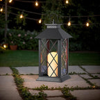 Christmas Lanterns Decorative Indoor, 14" Battery-Powered Waterproof Black LED Candle Lanterns with Timer for Patio & Outdoor, Vintage Hanging Lantern for Xmas Home Decorations, Diamond