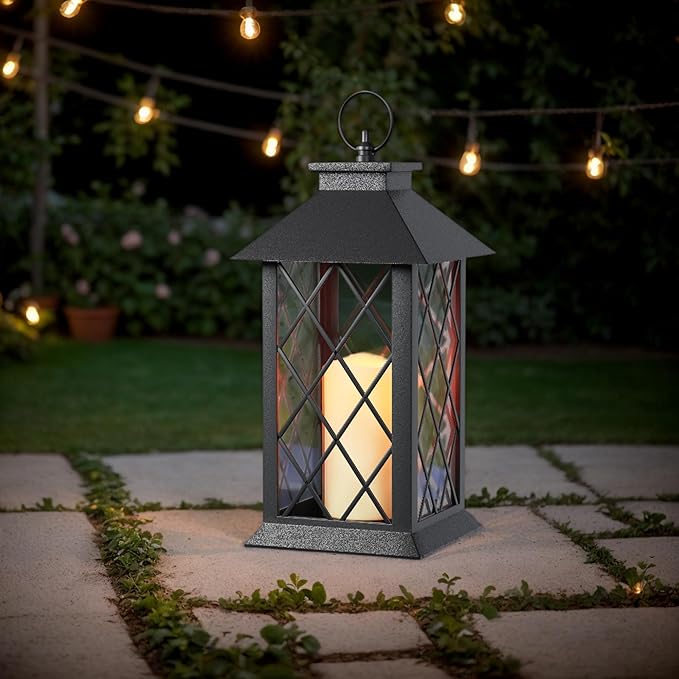 Christmas Lanterns Decorative Indoor, 14" Battery-Powered Waterproof Black LED Candle Lanterns with Timer for Patio & Outdoor, Vintage Hanging Lantern for Xmas Home Decorations, Diamond