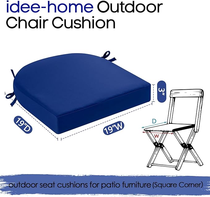 idee-home Outdoor Chair Cushions Set of 2, Thick 19" x 19" x 3" Outdoor Seat Cushions Patio Furniture Waterproof with Ties, Dining Pads