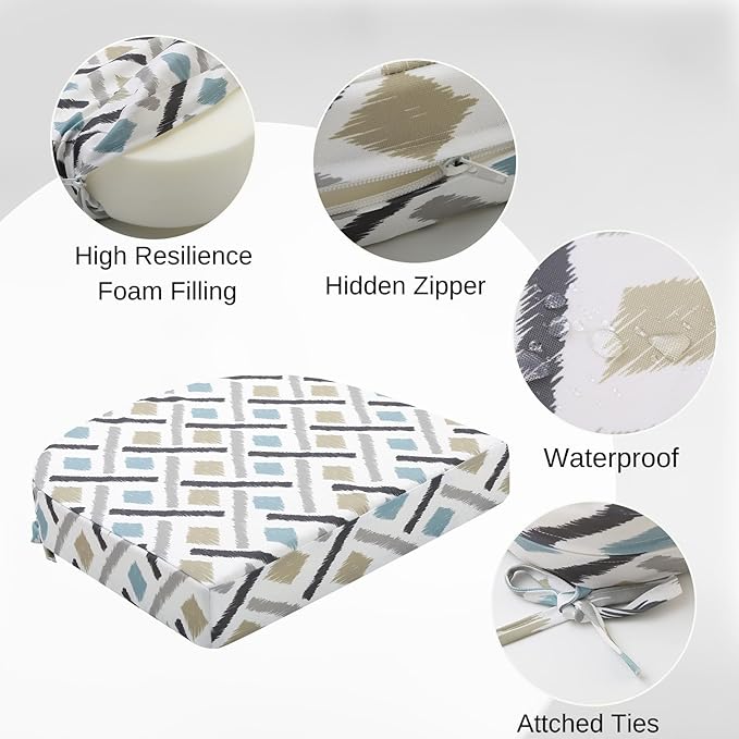 idee-home Outdoor Chair Cushions Set of 2, Thick 19" x 19" x 3" Outdoor Seat Cushions Patio Furniture Waterproof with Ties, Dining Pads