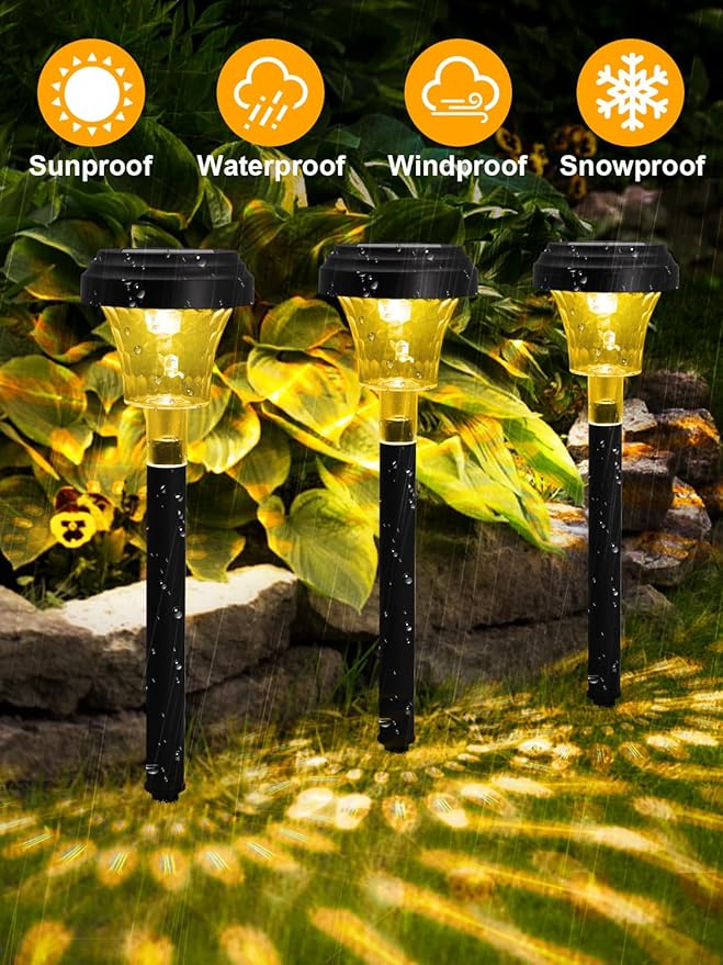 ROOR Ultra Bright Solar Lights 8 Pack, Outdoor Solar Yard Pathway Lights, Warm White IP67 Waterproof LED Garden Lights for Path, Backyard, Christmas, Lawn, Landscape Decorative