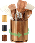 Wooden Utensil Holder, 360°Rotating 7.3'' Large Utensil Holder for Kitchen Counter, Kitchen Utensil Organizer, Utensil Crock, Farmhouse Kitchens Countertop Decor, Acacia Wood