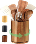Wooden Utensil Holder, 360°Rotating 7.3'' Large Utensil Holder for Kitchen Counter, Kitchen Utensil Organizer, Utensil Crock, Farmhouse Kitchens Countertop Decor, Acacia Wood