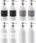 16oz Glass Soap Dispenser with Stainless Steel Pump, 21 Waterproof Labels, Non-Slip Protective Silicone Pad, Set of 2 for Bathroom & Kitchen (Matte White Bottle/Brushed Silver Pump)