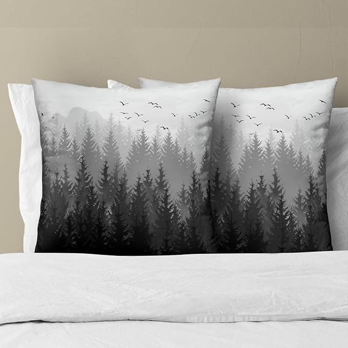 Grey Forest Pillow Covers 18x18 Inch Set of 2, Black Gray Trees and Mountain Square Throw Pillow Case Decorative Cushion Cover Soft Cotton Pillowcase for Home Couch Bed Sofa