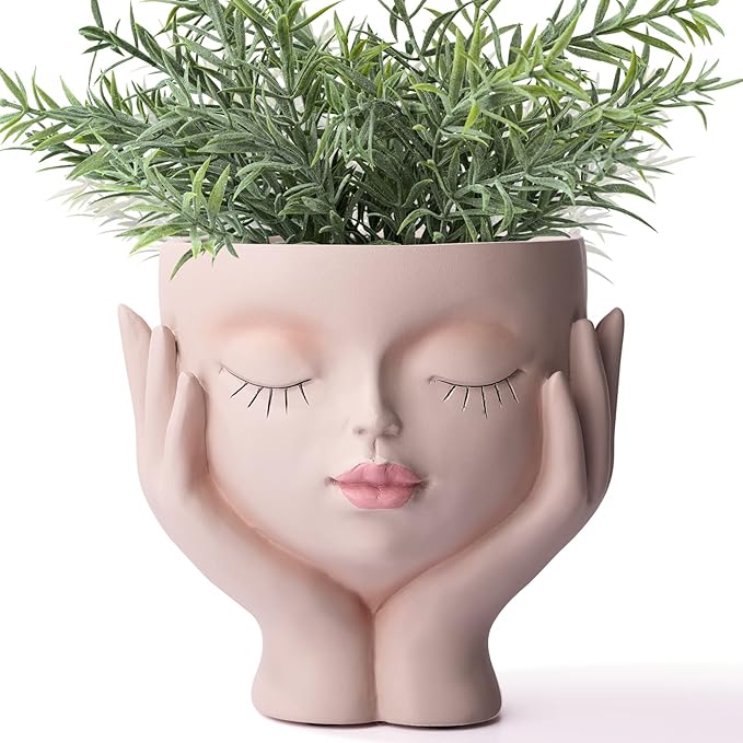 Face Planter Pots for Indoor Plants, Resin Cute Face Flower Pot for Indoor Outdoor Plants with Drainage Hole, Closed Eyes 5.3" Dia 6.3" Tall