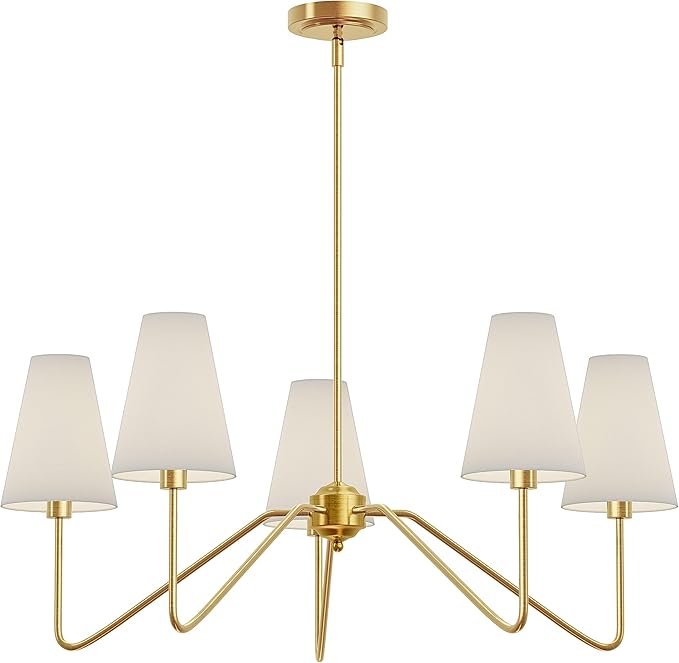Electro bp;30" Dia 5-Arm Classic Chandeliers Polished Gold with White Linen Shades,Ceiling Light Fixture for Dining Room,Living Room,Entryway,E12,200W